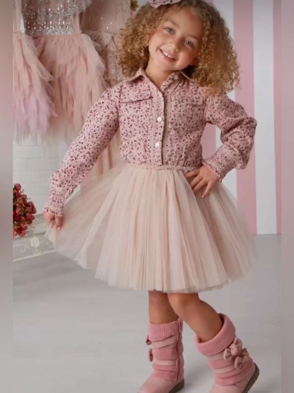 Girls Ooh! La, La! Couture Pink Floral dress with Blush Tulle Skirt - size 5